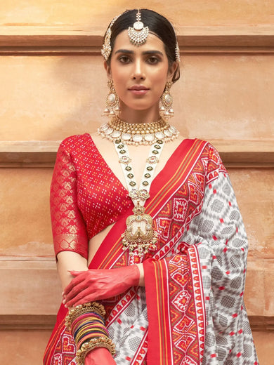 Gorgeous Grey Patola Printed Silk Festival Wear Saree With Blouse